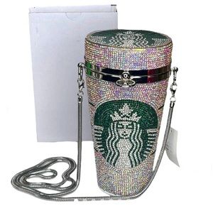 NIB-Starbucks Coffee Cup Crystal Rhinestone HANDBAG Bag Silver Chain And Logo